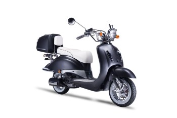 TECHNO CLASSIC 2.0 RETRO ROLLER 50ccm mattschwarz mit Topcase und weisser Sitzbank