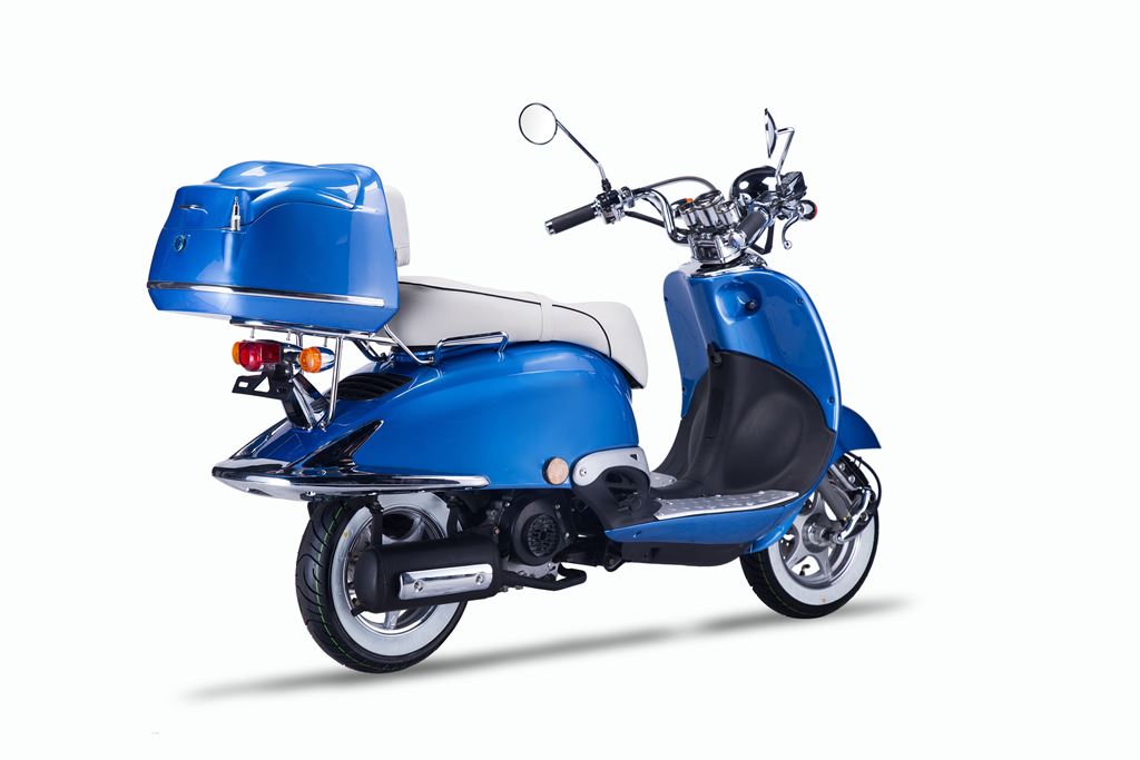 Motorroller Techno Classic Retro Roller blau mit weisser Sitzbank